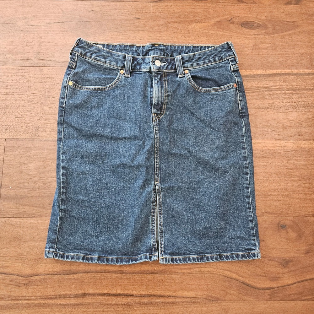 Levis Premium Womens Denim Skirt Medium Wash Straight Front Slit Blue Indigo